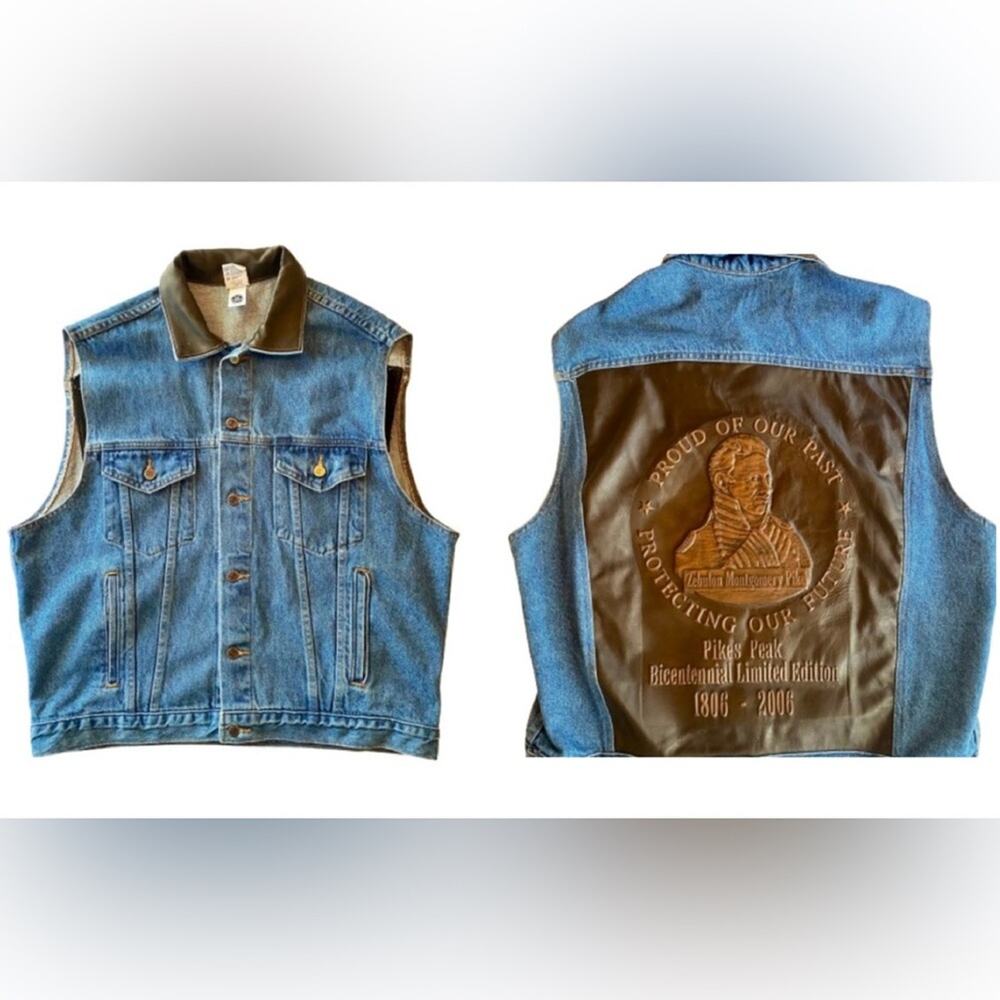 Vintage Denim Biker Vest Embossed Faux Leather Panel Sleeveless Pikes Peak 2XL